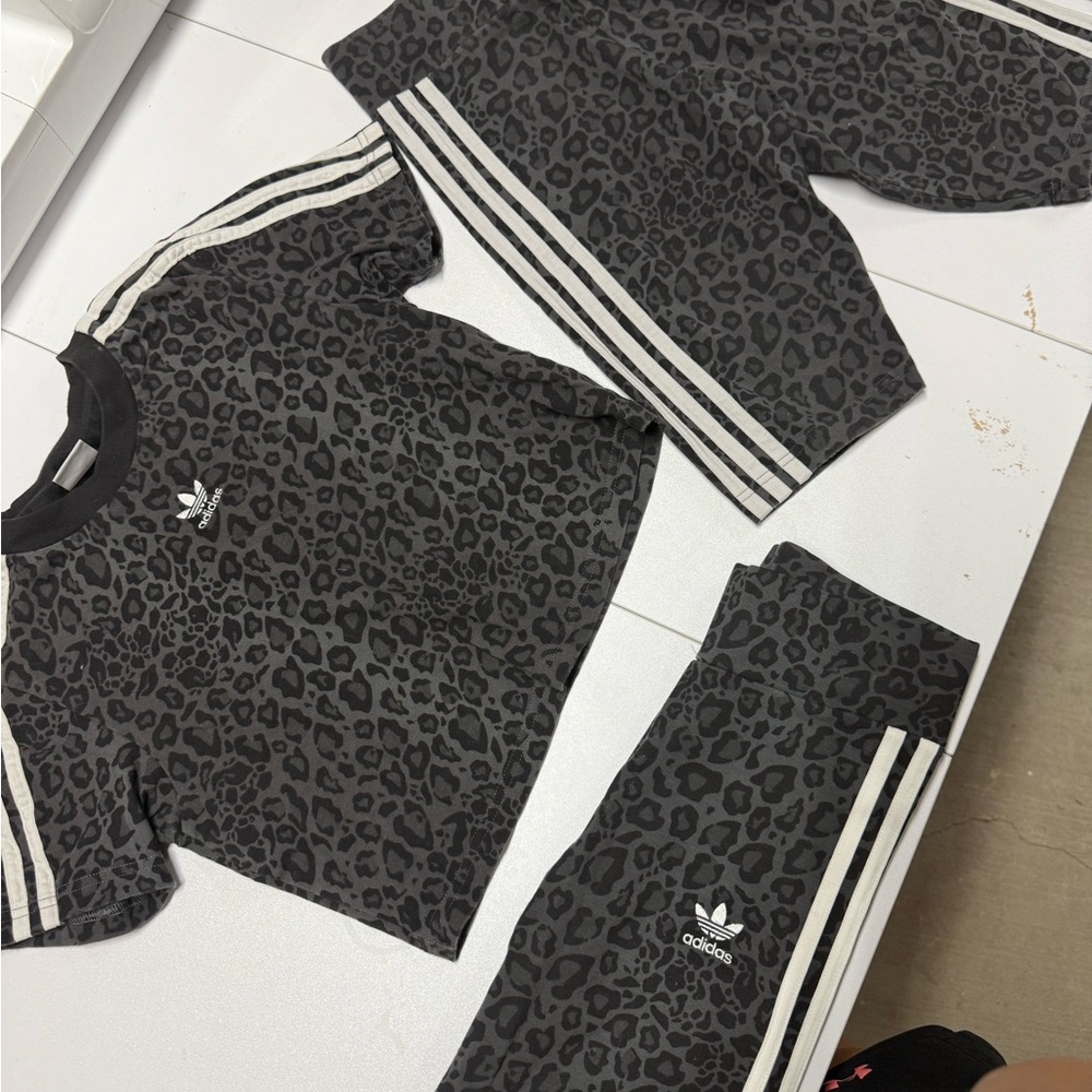 Adidas Black Leopard Print Set with White Stripes